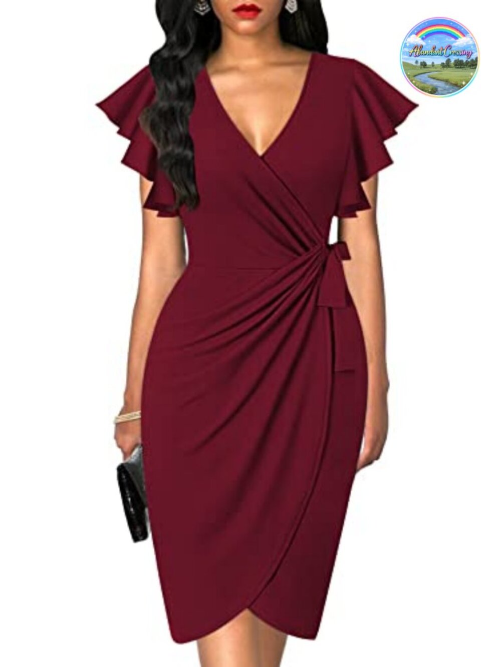 Faux Wrap Dress Deep V Neck Ruffle Sleeves Cocktail Sheath Midi